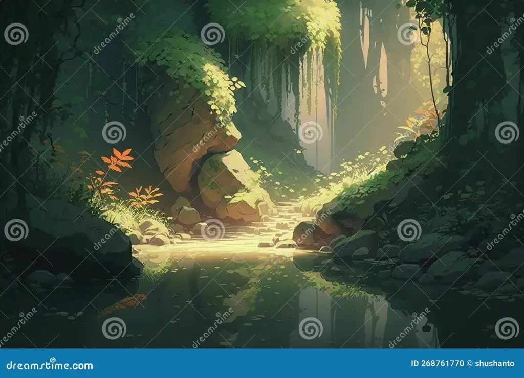 Hutan Ajaib yang Menakjubkan Pemandangan hutan ajaib dalam anime